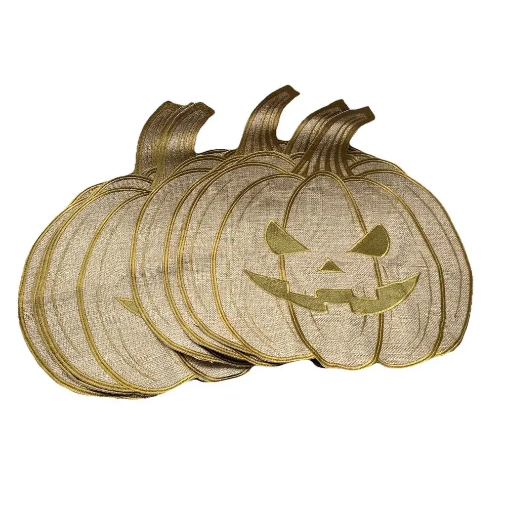 6 Pumpkin Jack O lantern Shaped Burlap Placemats Fall Autumn neutral brown